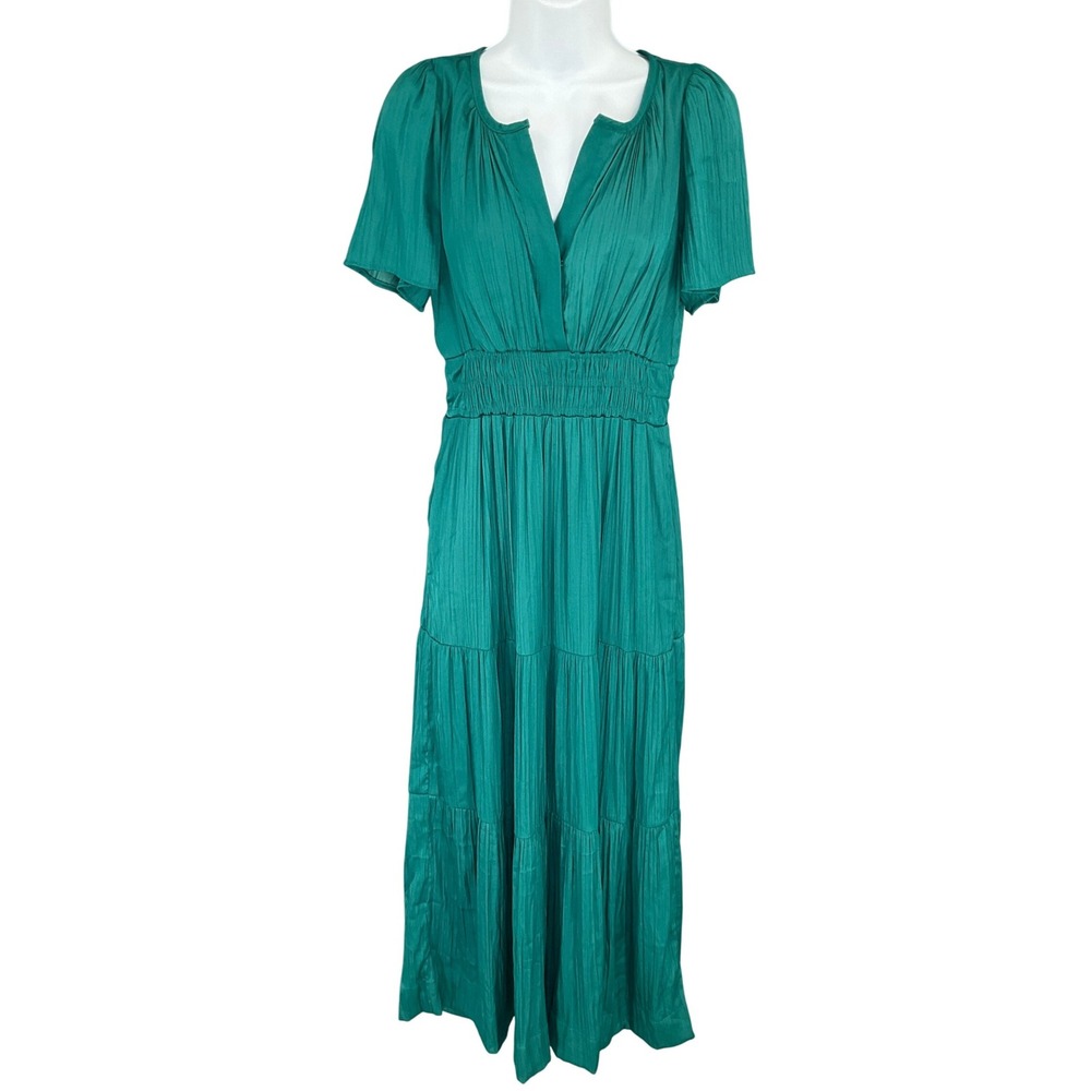 Anthropologie Emerald Green Maxi Dress Short Sleeve Tiered Flowy Sz XS